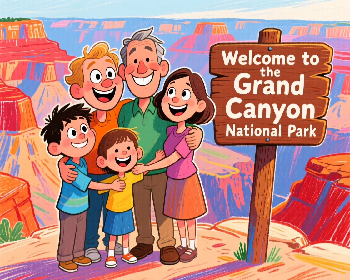 A family posing together at the edge of the Grand Canyon, arms wrapped around each other.