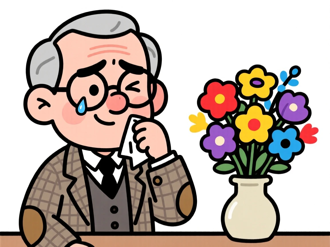 A charming portrait of a serious professor, wiping away a happy tear while smiling, with a colorful bouquet of flowers nearby.