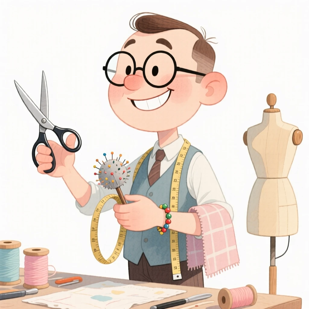 A tailor confidently at work, tools of the trade in hand