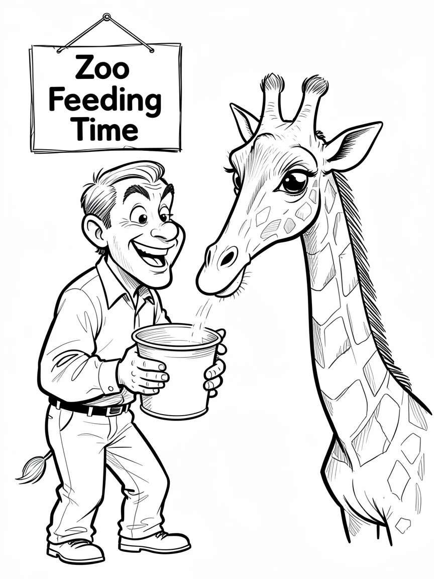 [Occupations & Hobbies] Detailed scene of a dedicated zookeeper feeding a giraffe from a bucket, showcasing skill and dedication
