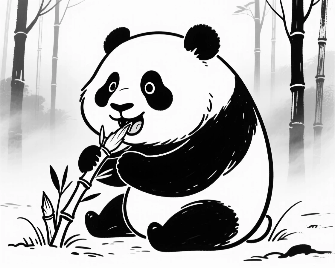 A giant panda munching on bamboo shoots in a misty forest clearing.