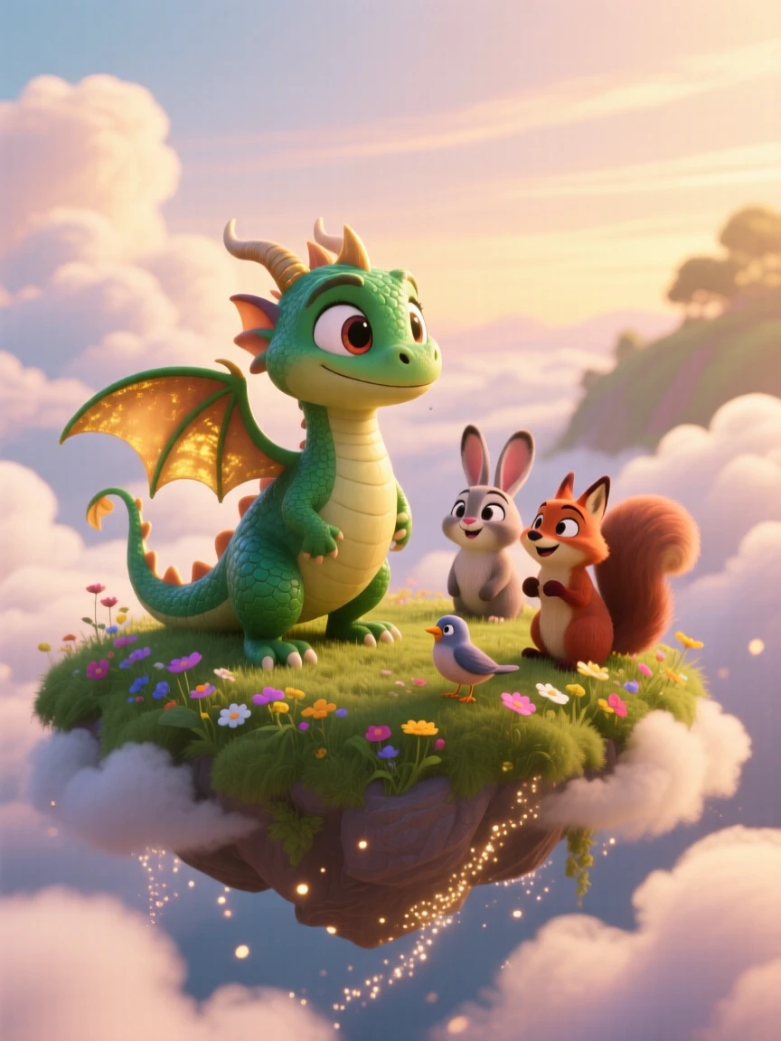 A small dragon hatchling stands atop a floating island surrounded by clouds, whispering to woodland creatures gathered nearby. A magical, wondrous stillness fills the scene, with a trail of glimmering dust following each step.