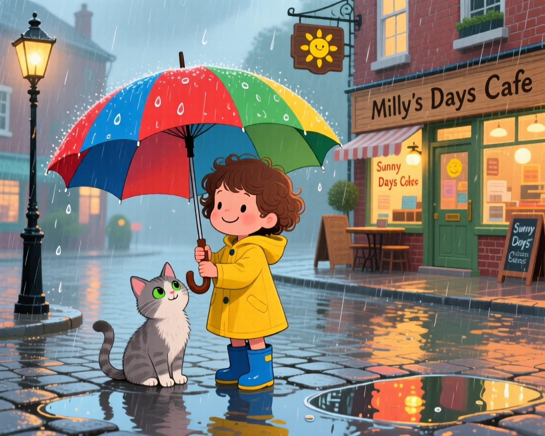 A child and a stray kitten are seen sharing an umbrella during a sudden rainstorm in a small town square, as warm smiles are exchanged.