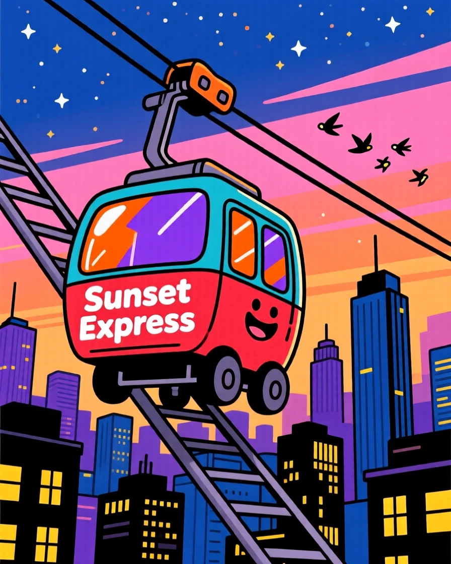 A cable car climbing above a city skyline at dusk.