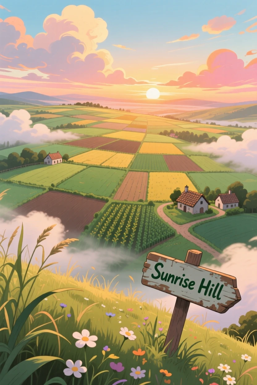 A breathtaking view of a patchwork of farmland seen from a hilltop, with soft clouds casting slow-moving shadows across the land, at sunrise, captured from a low angle looking up.