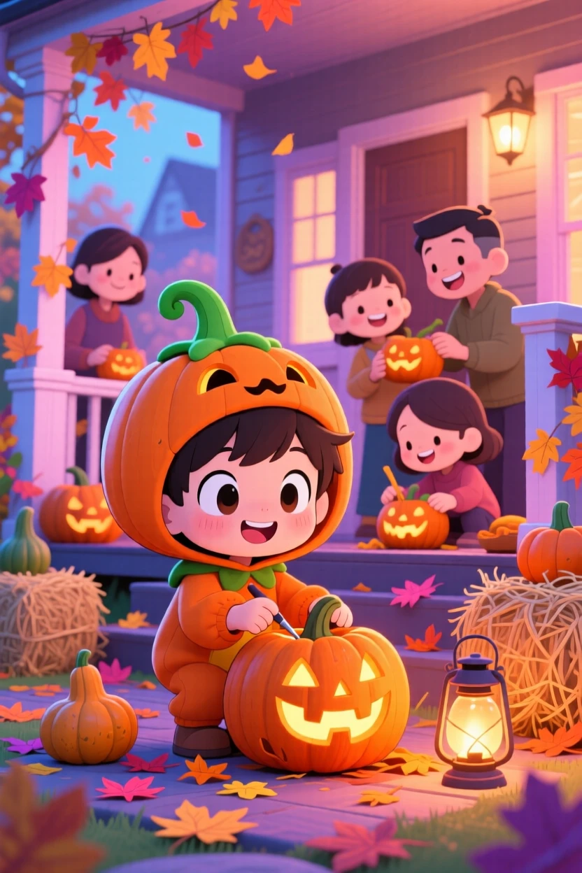 In a cozy autumn porch, a little boy in a pumpkin costume is carving a jack-o'-lantern with his family on a crisp autumn afternoon, bathed in neon-lit glow, expression full of wide-eyed wonder. Shot as a waist-up portrait.