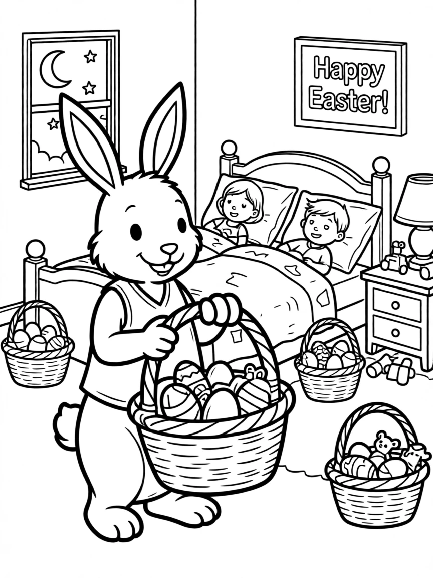 A Easter bunny delivering baskets to sleeping children's rooms