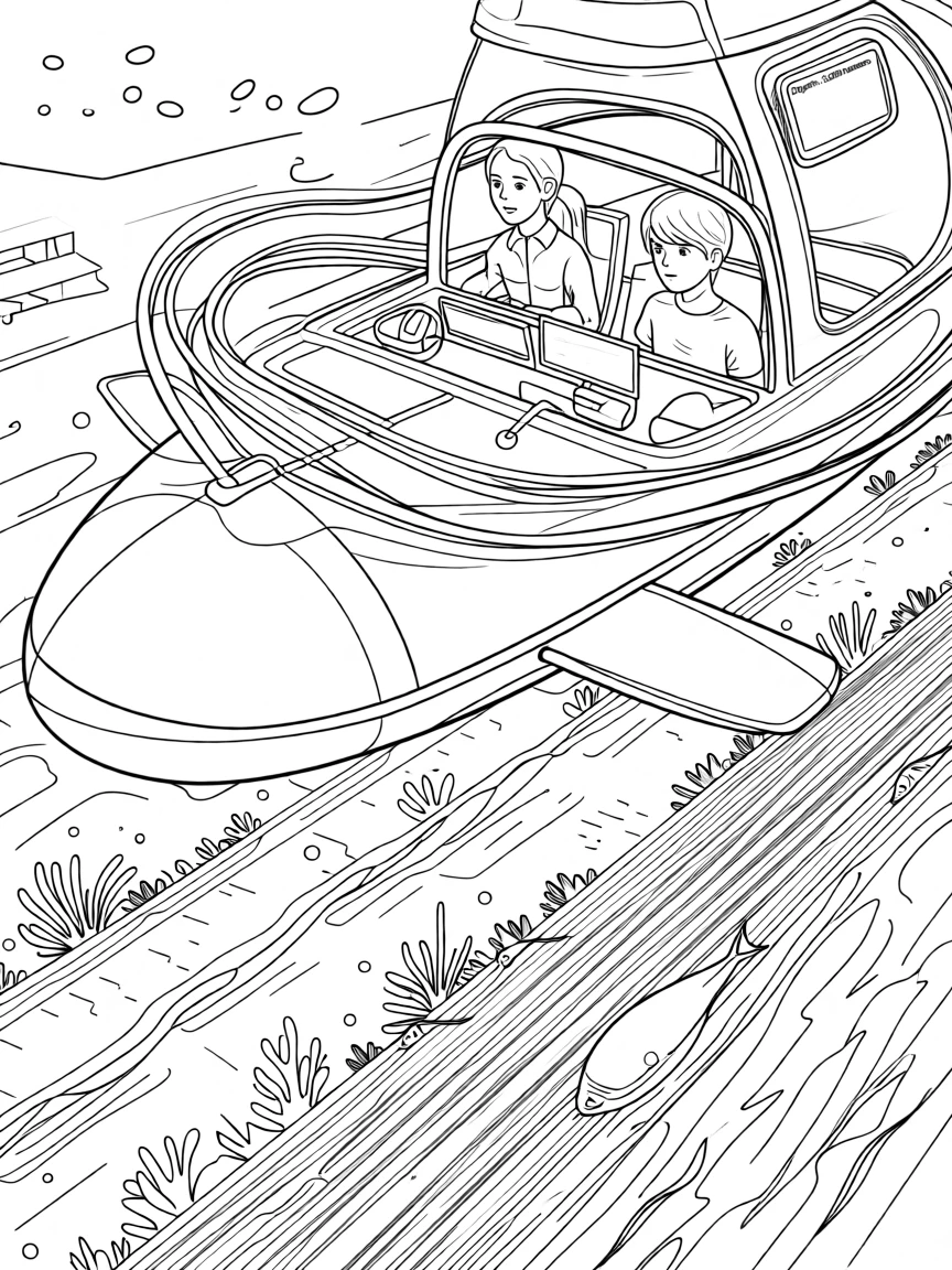 A submarine exploring a glowing underwater trench, with cables neatly arranged along the desk.