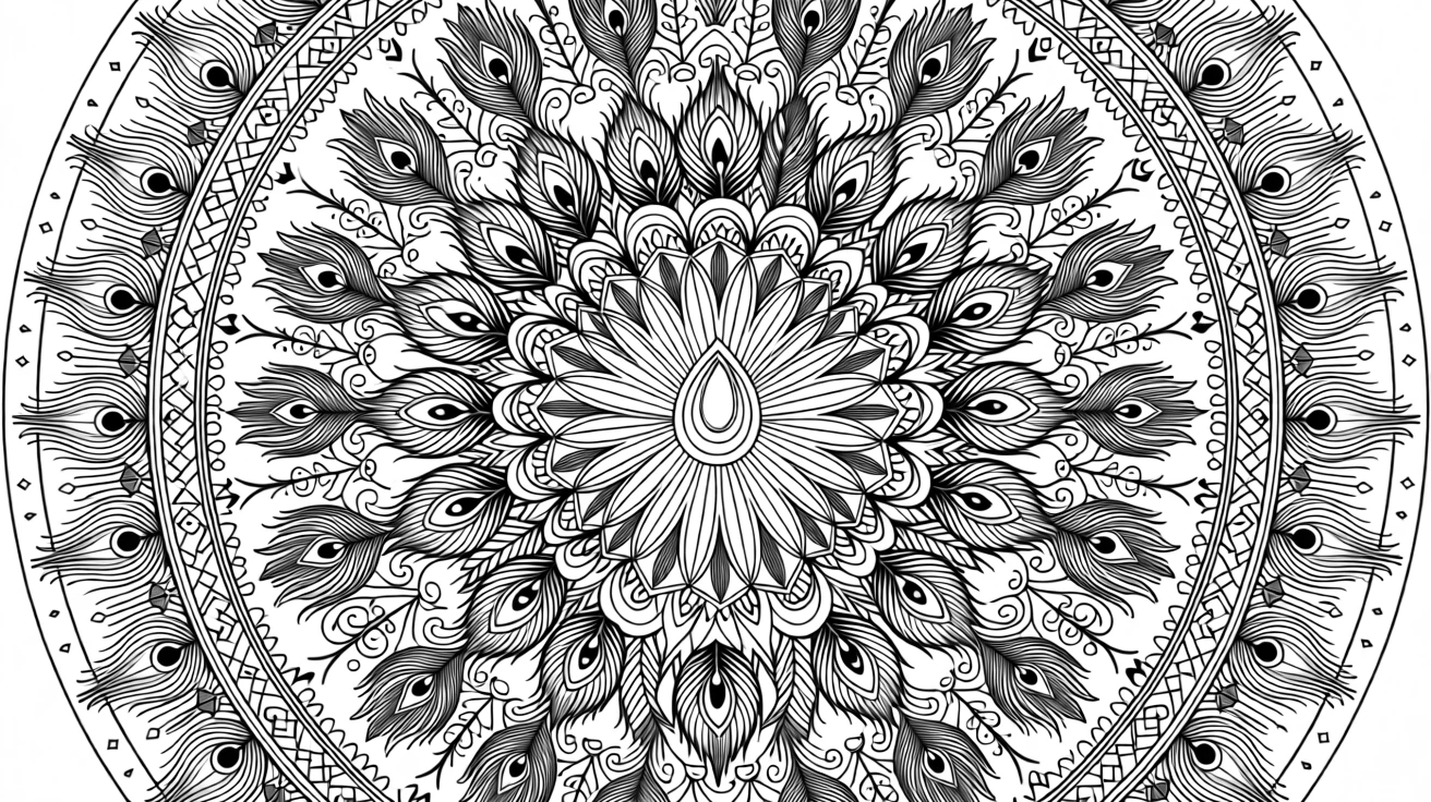 A mandala inspired by a peacock feather's eye pattern, radiating outward.