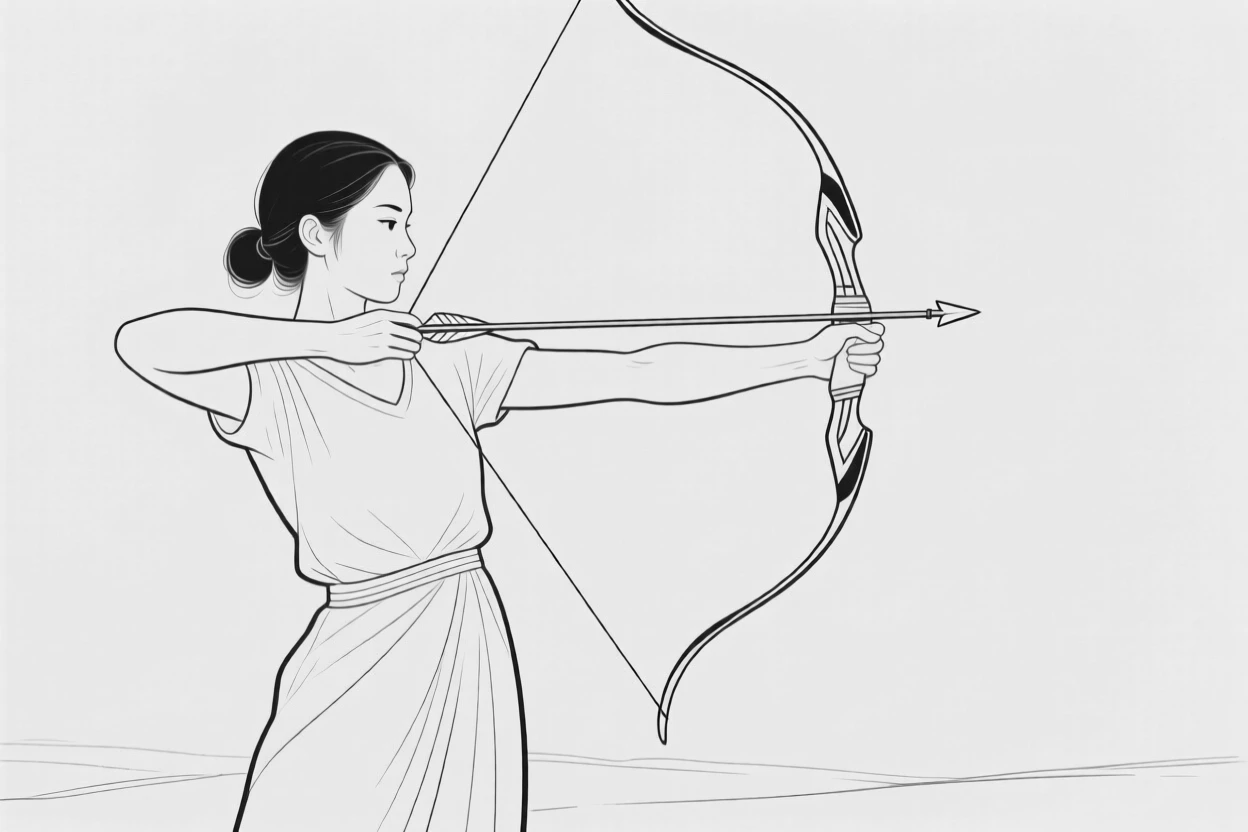 A woman practicing archery with focused determination