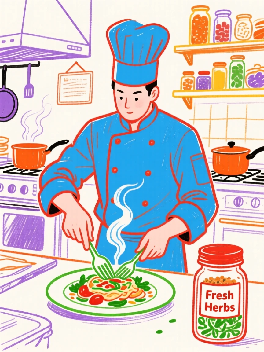 A chef plating a dish in a busy kitchen.