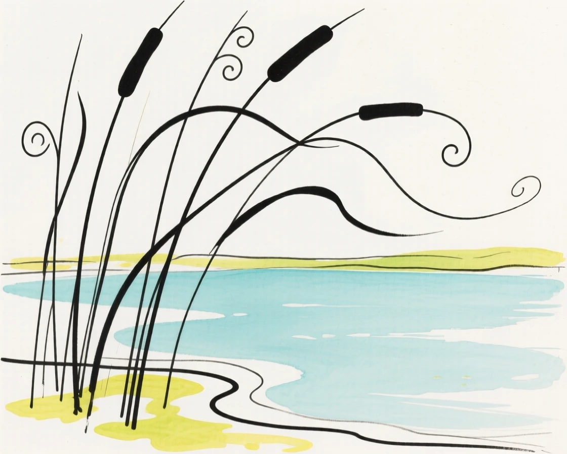 A reed bed swaying by a lake