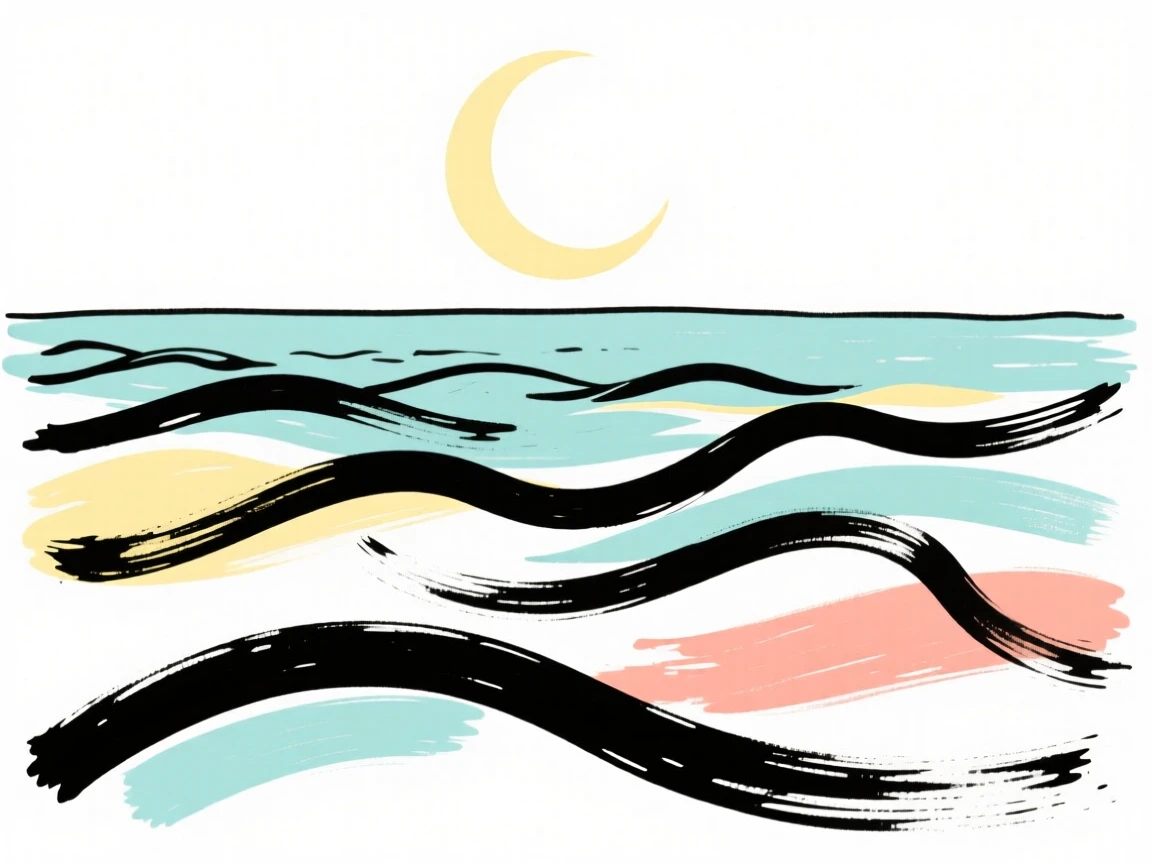 A crescent moon rising over a quiet ocean horizon.