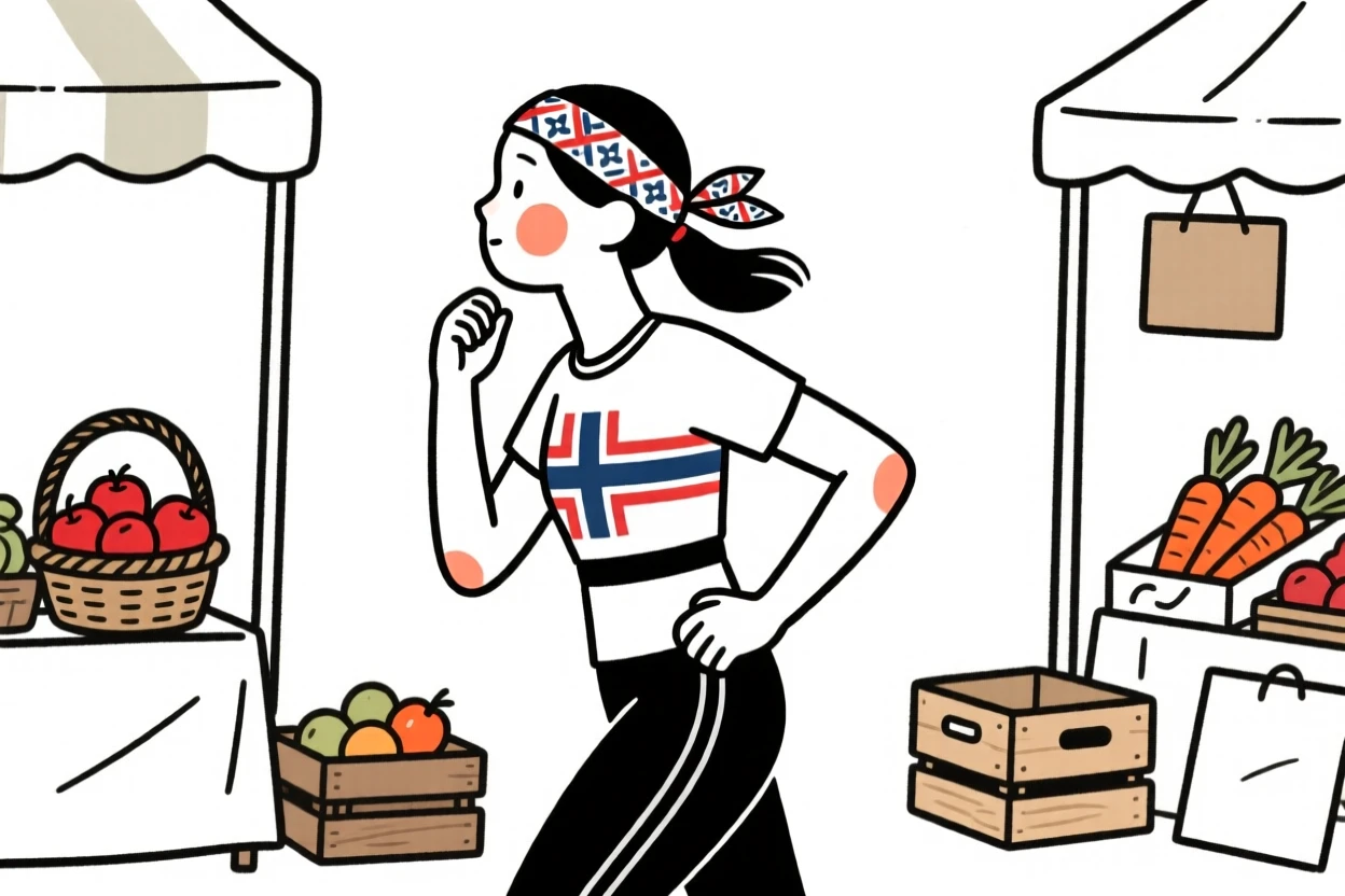 A marathon of norwegian heritage runner catching her breath, gazing thoughtfully into the distance, at a countryside farmers market.