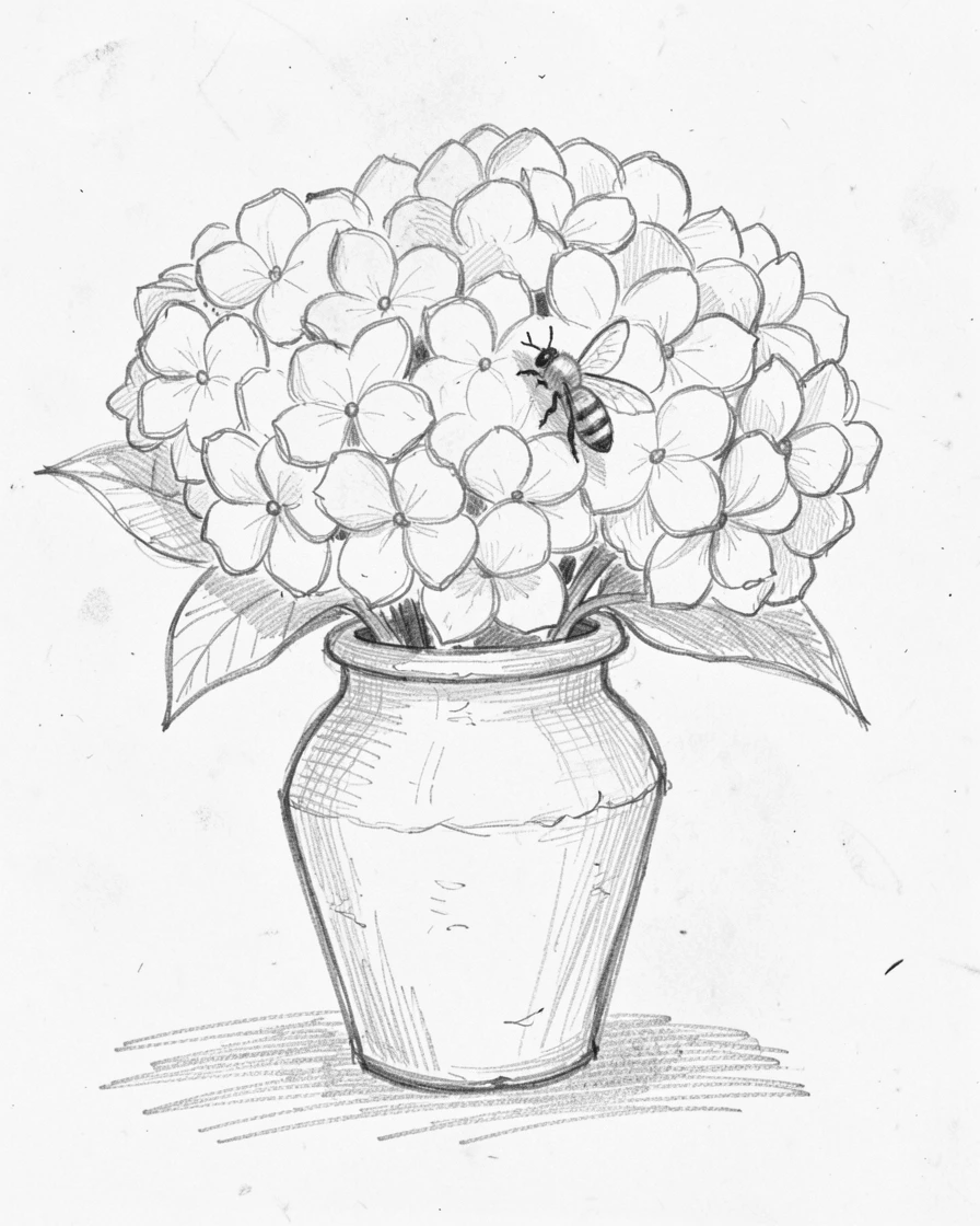 An elegant arrangement of a bunch of hydrangeas in soft pastel hues in a rustic ceramic vase, with a bee gently landing on one bloom.