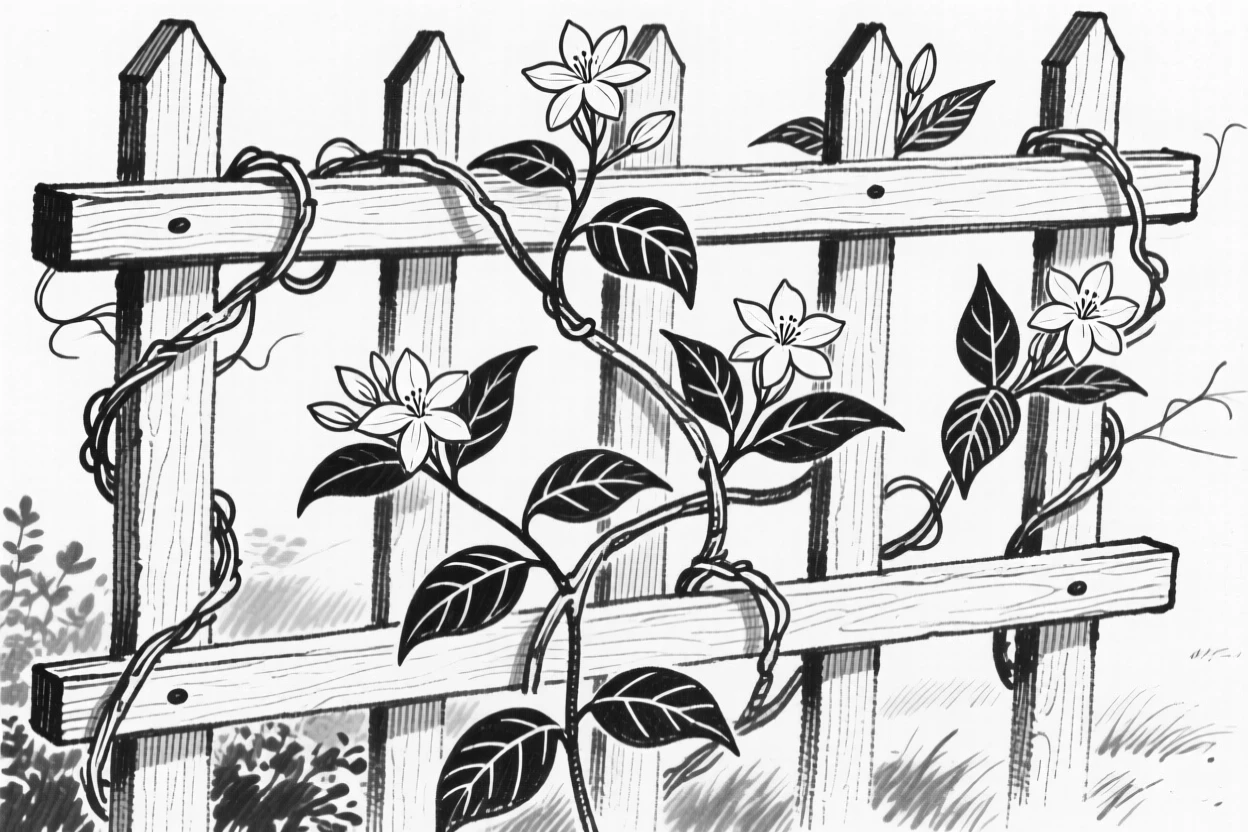 A vine of climbing jasmine trailing along a garden trellis.