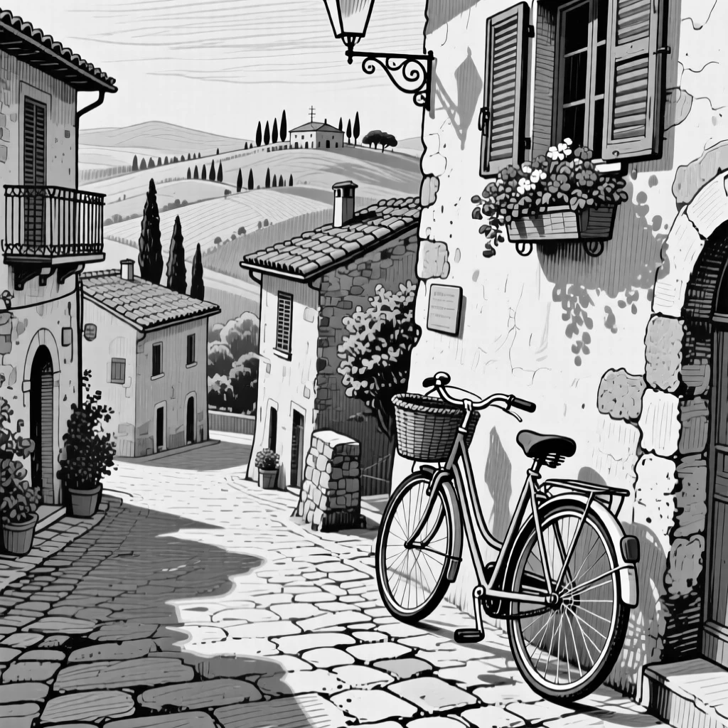 A tuscan hillside village at golden hour with long shadows, featuring a bicycle leaning against the wall, rendered in a cozy and inviting architectural composition.