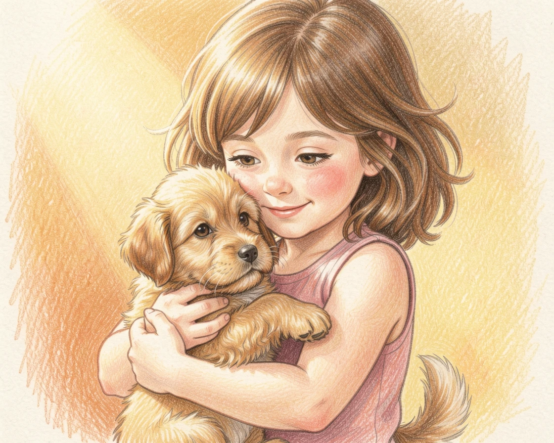 A little girl hugging her new puppy for the first time, with warm, golden light capturing the joy of the moment, full of tenderness, love, and quiet happiness.