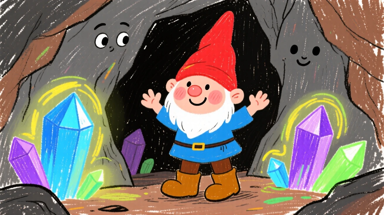 A friendly gnome exploring a cave lit by glowing crystals.