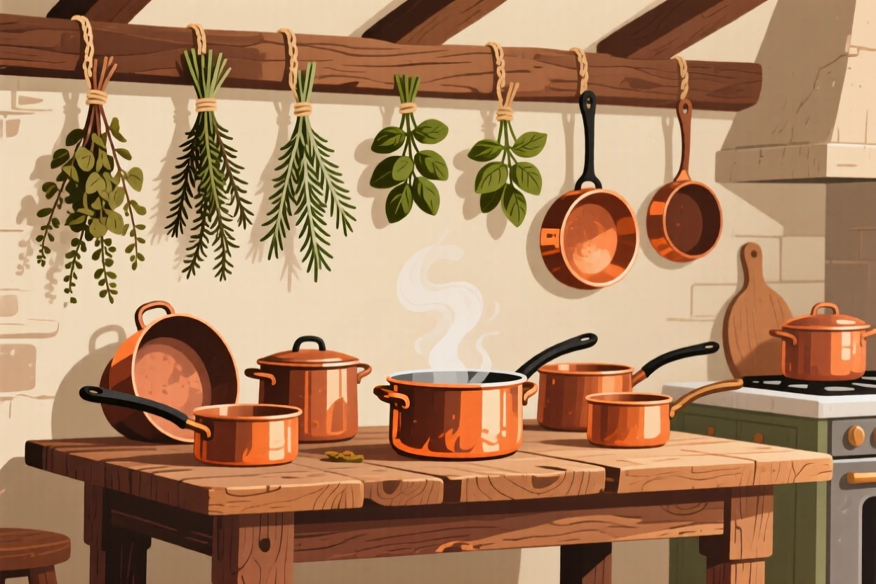 A rustic farmhouse kitchen with hanging herbs and copper pots, placed on a rustic wooden table with warm tones, arranged with soft curves and gentle organic lines, with subtle steam rising to add a warm, lived-in feel.
