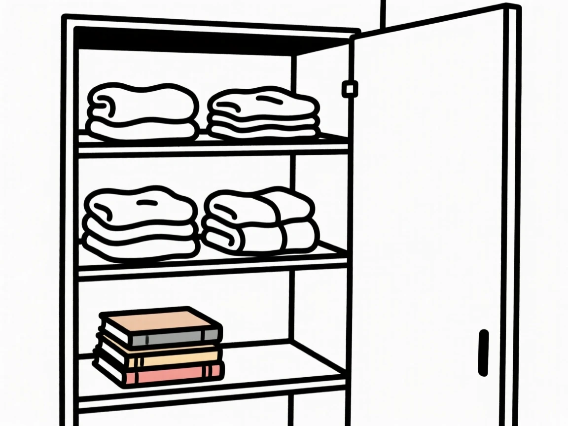 A tidy closet with folded clothes arranged near a stack of favorite books in a modern townhouse, expressing homey warmth.