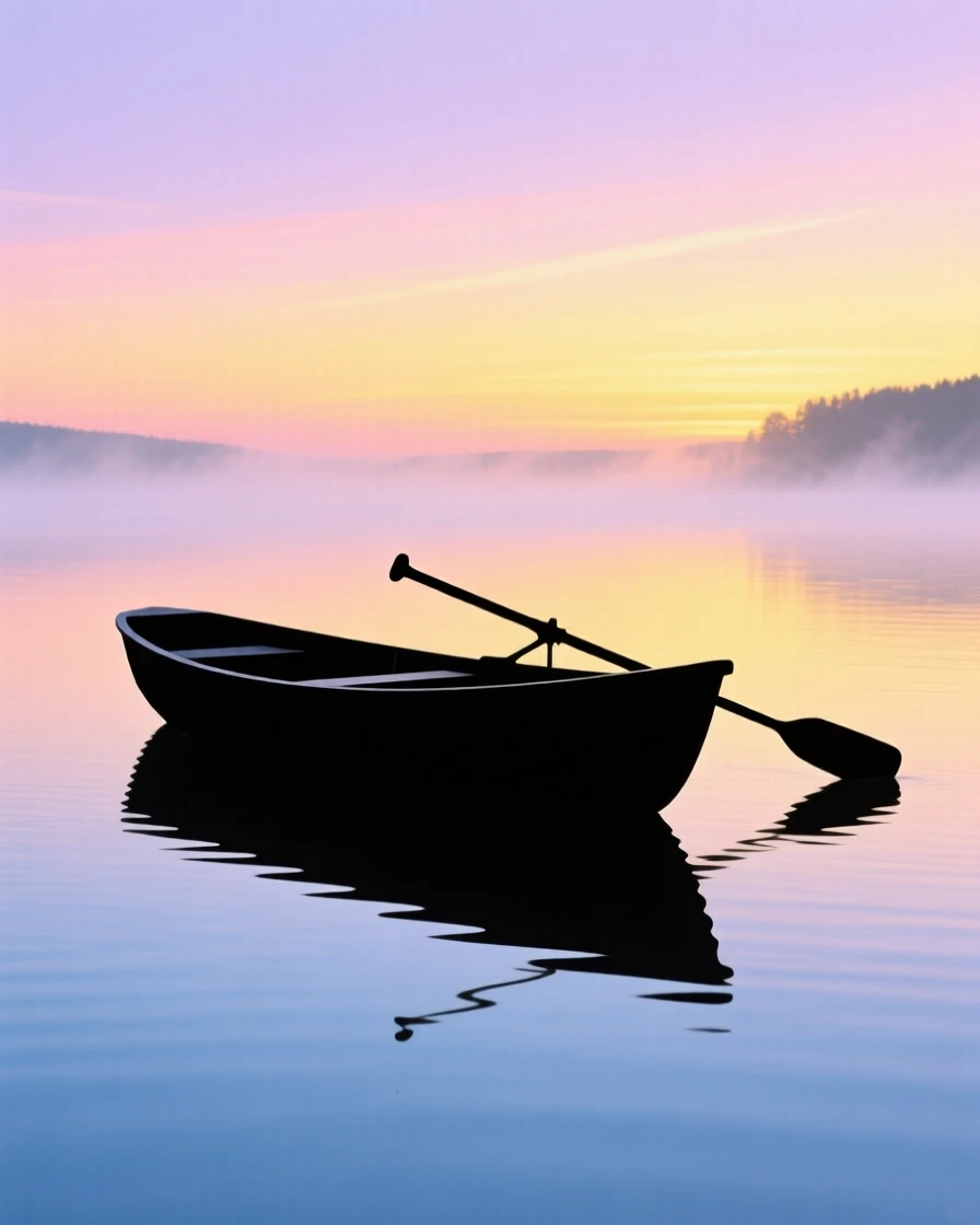 A rowboat resting motionless on a glassy, mist-covered lake at dawn.
