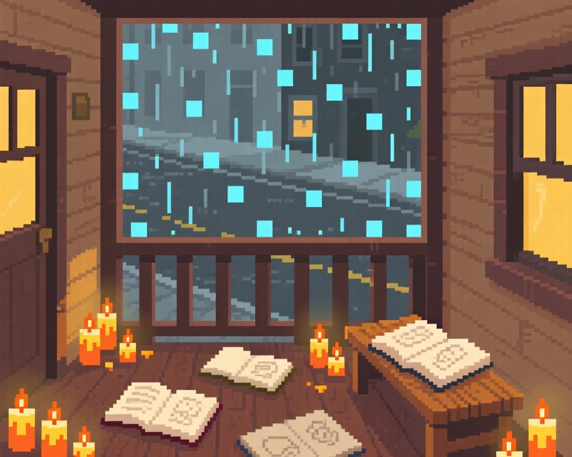 A cabin porch surrounded by candles and open sketchbooks, in a loft apartment above a rainy street.