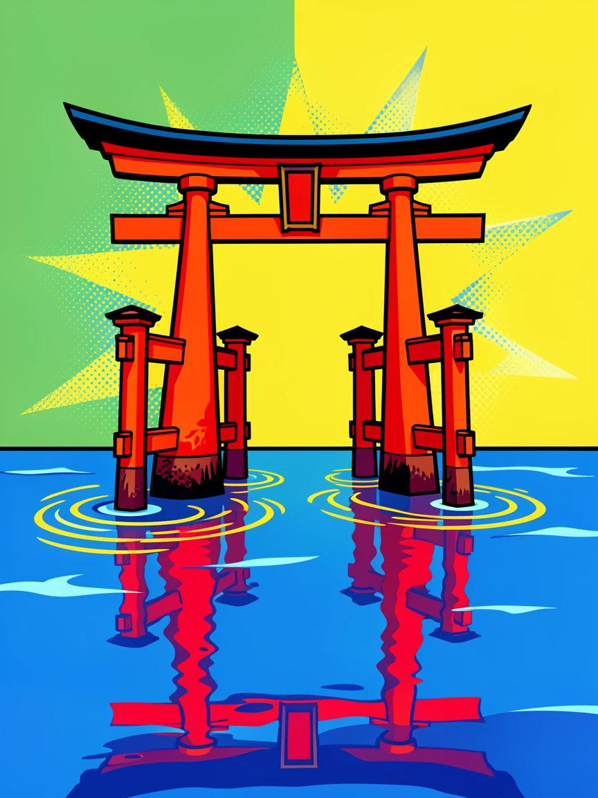 A traditional torii gate rising from calm waters