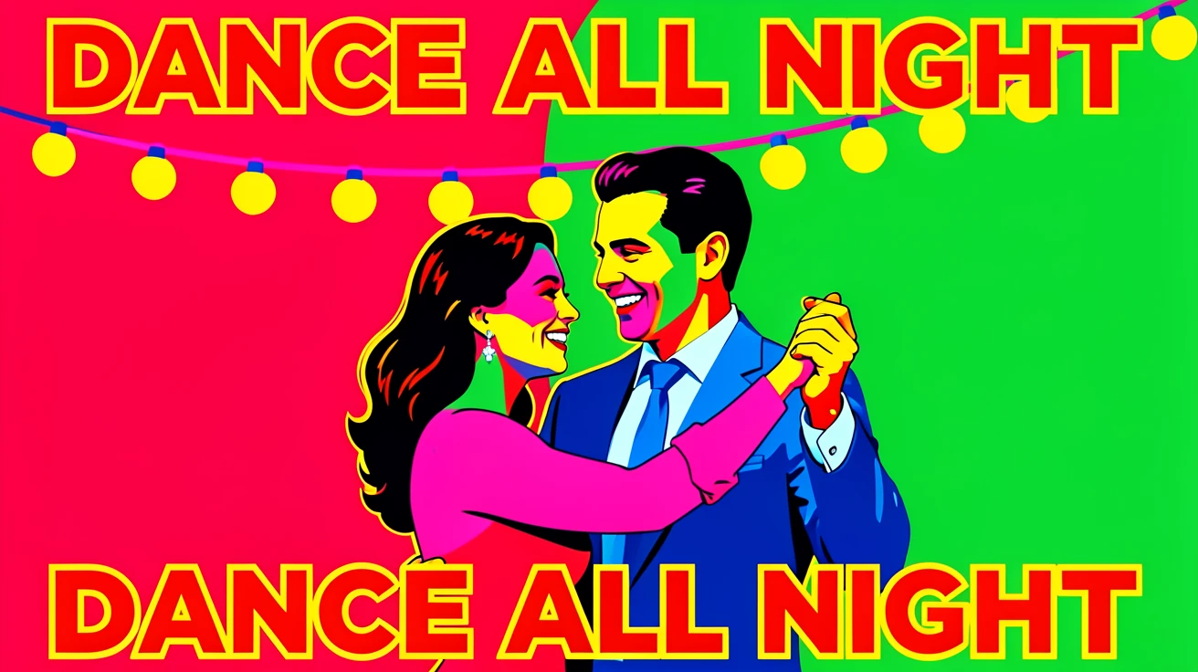 Couple dancing under string lights at an outdoor party