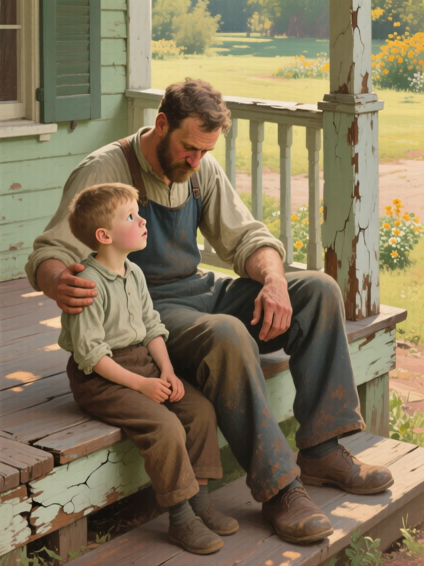 A detailed close shot of a father and his son on a weathered porch, full of curious wonder, at midday.