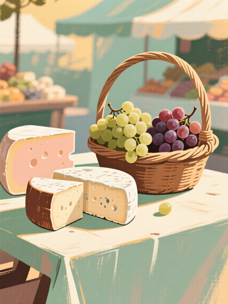 A market table with wedges of cheese beside a basket of grapes