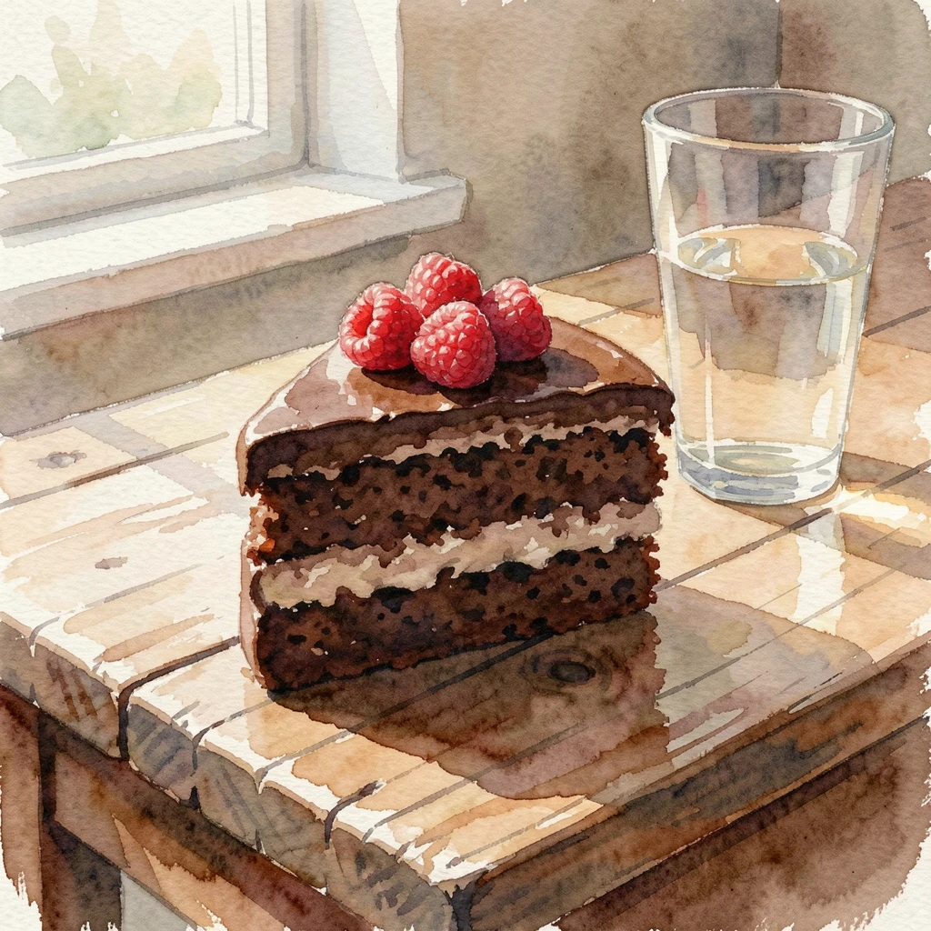 A slice of chocolate layer cake with fresh raspberries on a farmhouse kitchen table with sunlight catching the glass.