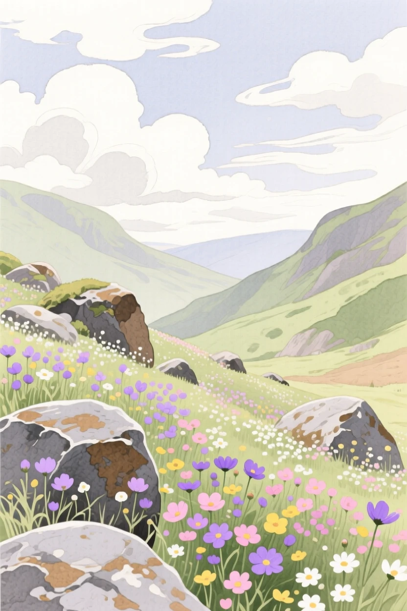 A breathtaking view of a valley of blooming wildflowers beneath drifting clouds, where wildflowers grow between the rocks