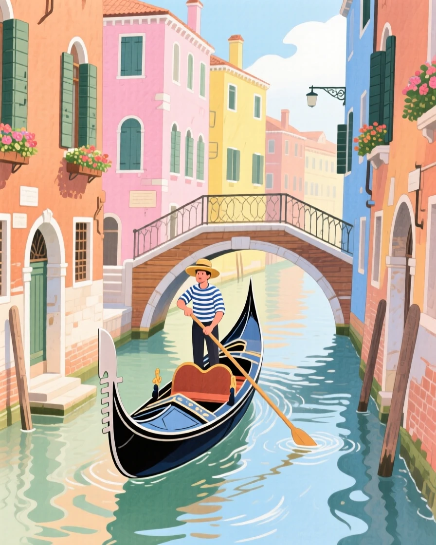 A stunning view of a gondola gliding through the canals of Venice.