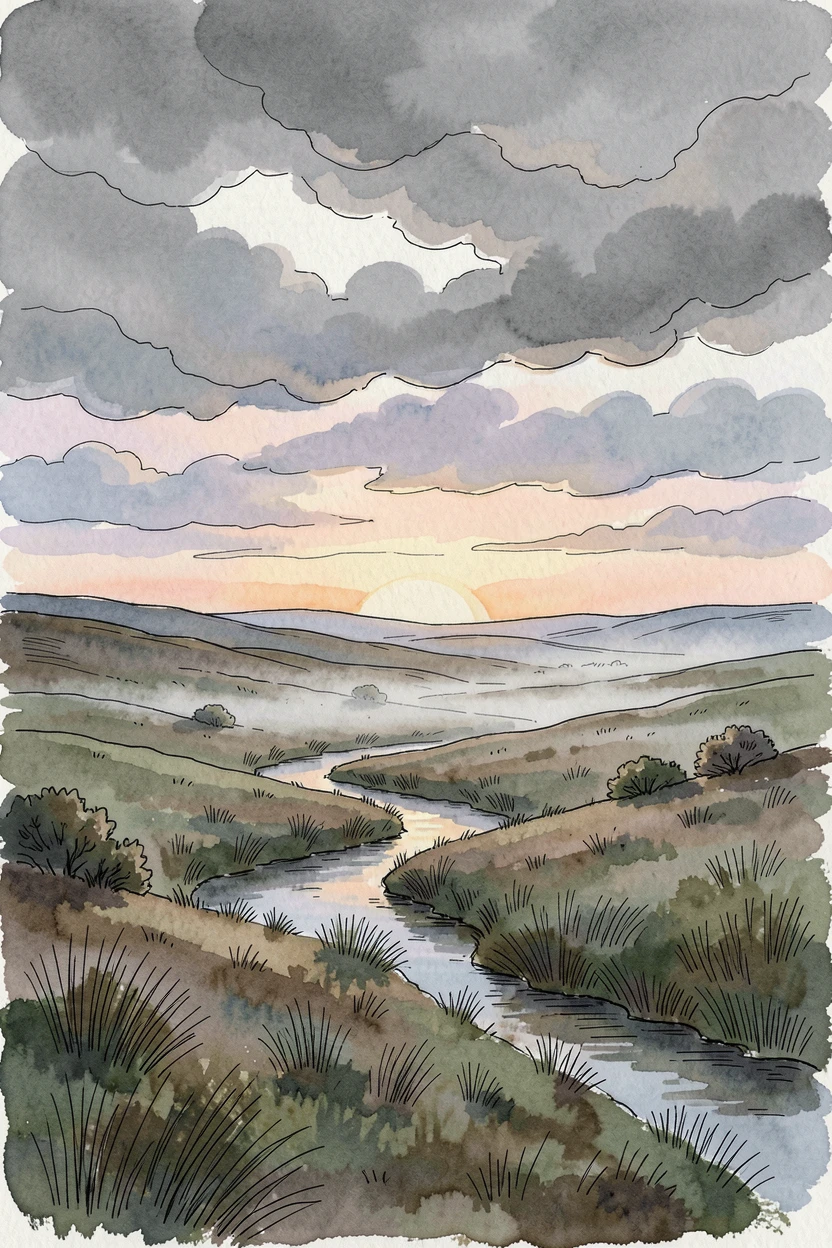 A misty highland moor stretching beneath a brooding grey sky, a soft mist clinging to the low ground as the sun begins to rise.