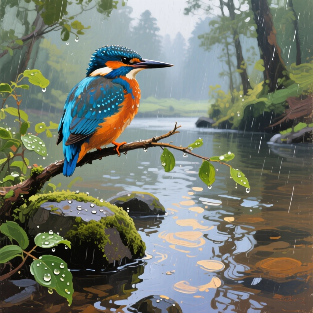 a kingfisher poised above a clear stream, after the rain, with a clear foreground, subject, and distant setting.