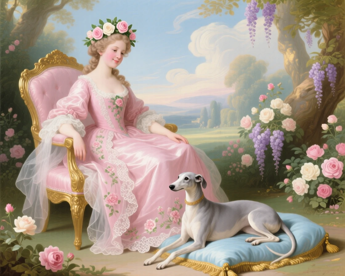 A young princess with a crown of roses and a greyhound at her feet  