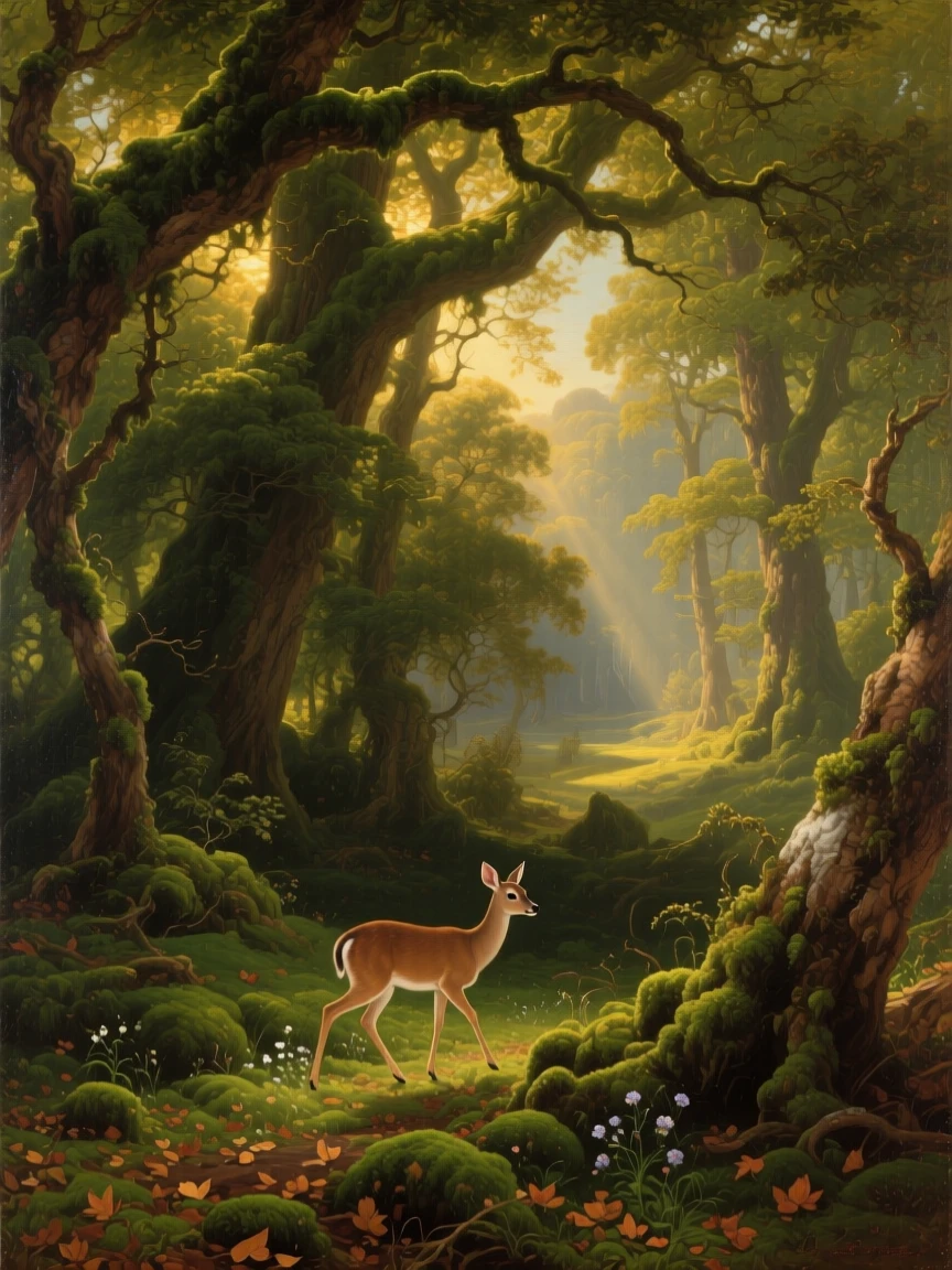 A gentle doe moves quietly through an ancient moss-covered forest as sunlight filters through the leaves.