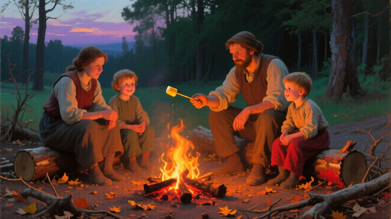 A family gathered around a crackling campfire roasting marshmallows, with warm, inviting colors throughout the scene, evoking warmth, nostalgia, and heartfelt connection