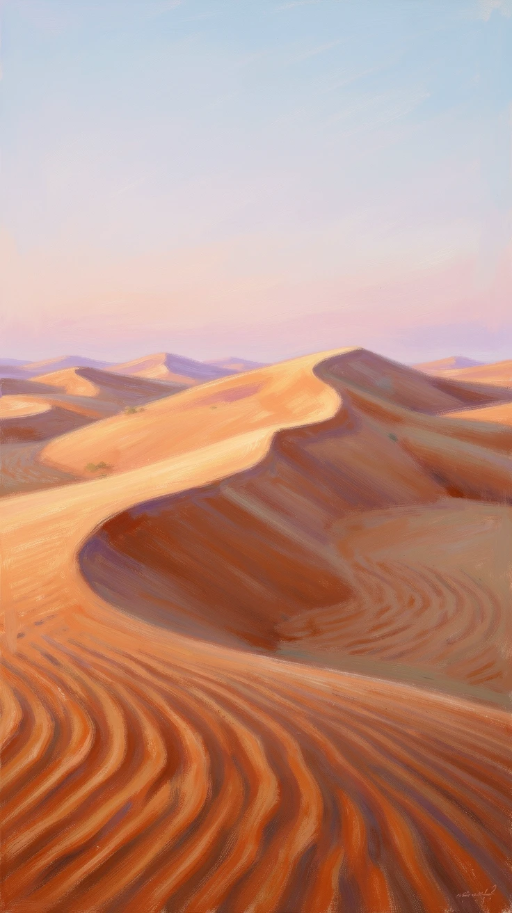 A dramatic desert sand dune landscape at sunrise, ripples of sand glowing orange under a clear sky.