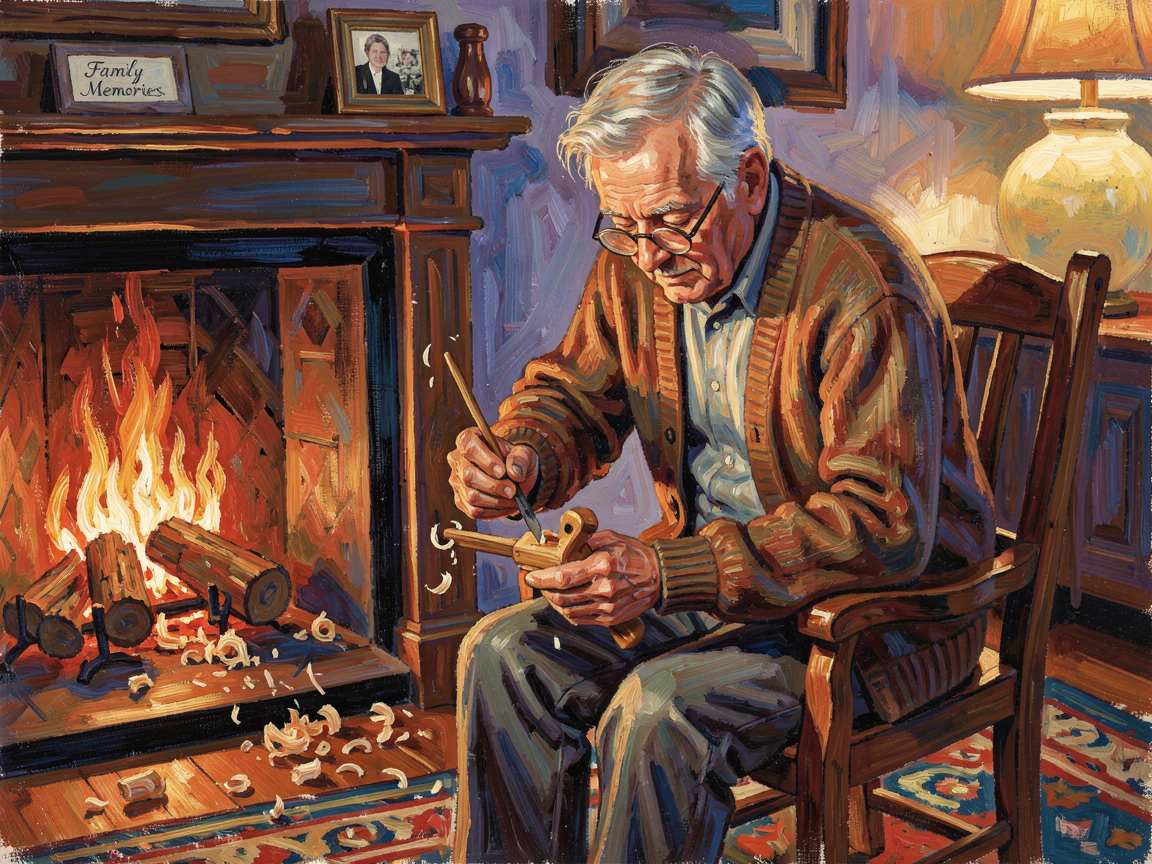A grandfather whittling a small wooden toy for his grandchild by the fireside.