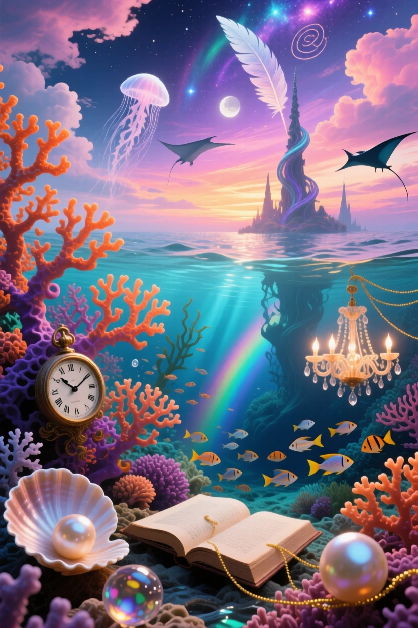 A coral reef glowing with colors that shift like a slow sunset stretches endlessly beneath a sky of shifting colors, as soft light pools in every hollow and crevice.
