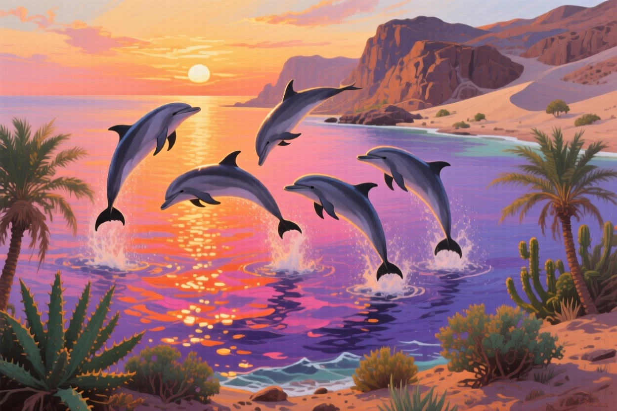 A group of spinner dolphins leaps and twirls above the water's surface in the Red Sea, their acrobatics catching the golden light of sunset, nearby vegetation and terrain grounding the animal firmly within its natural environment.