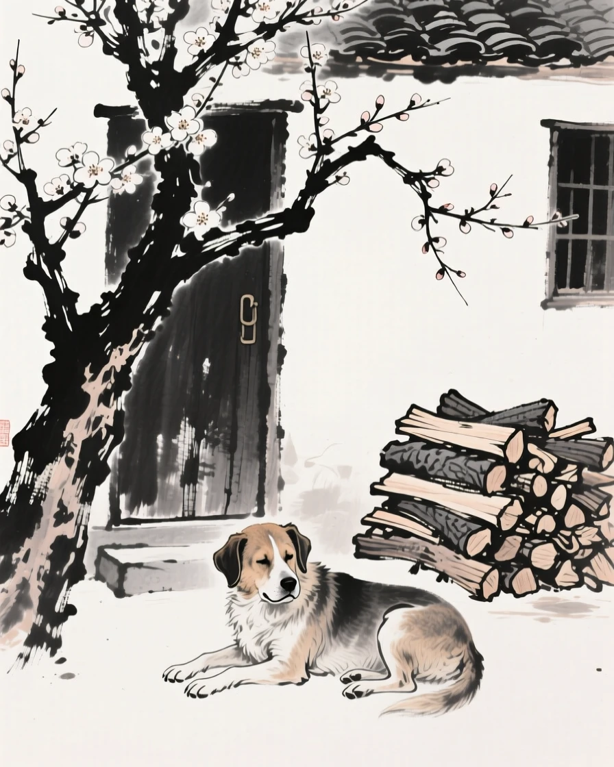 An old dog lies peacefully beneath a blossoming tree, near a stack of firewood by a cottage door.
