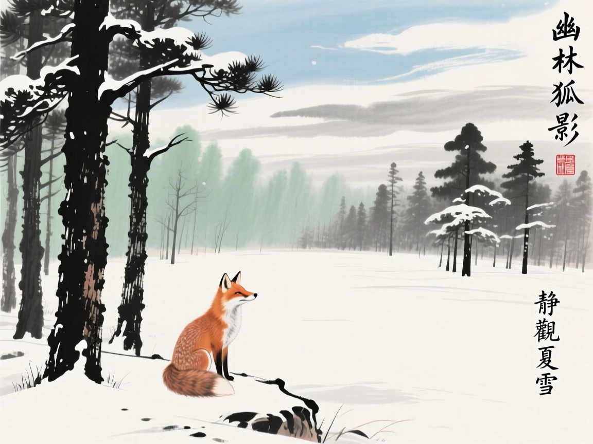 A fox pausing at the edge of a snowy forest clearing, under a sky streaked with clouds, in the height of summer.