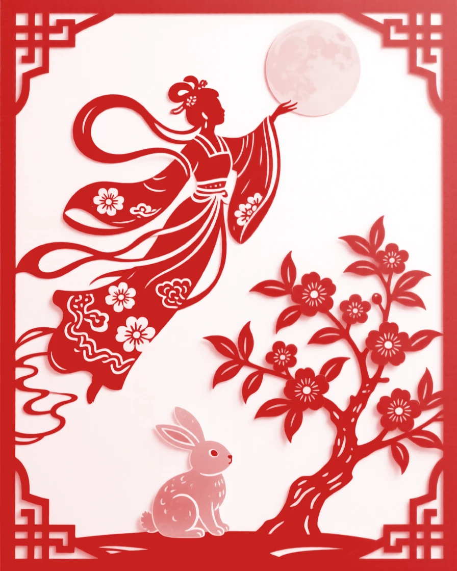 Chang'e floating toward the moon with her sleeves billowing, a jade rabbit and osmanthus tree awaiting her on its surface