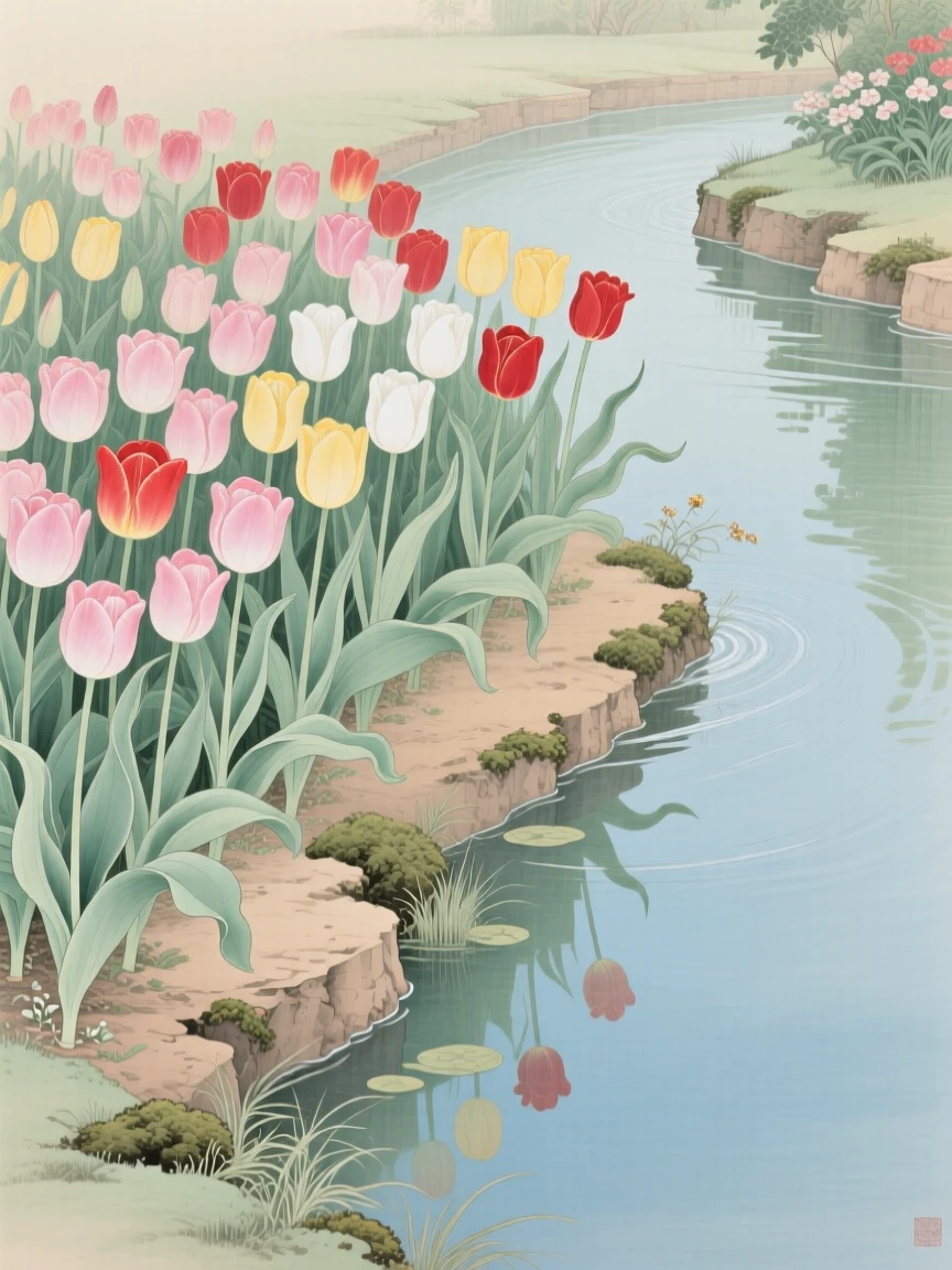 Tulips lined up in neat garden rows beside a slow-moving canal