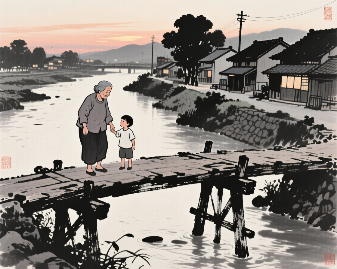 A grandmother and grandchild crossing an old wooden bridge at dusk in a small riverside village, framed intimately, focusing on quiet gesture and expression, evoking warmth, simplicity, and quiet dignity.