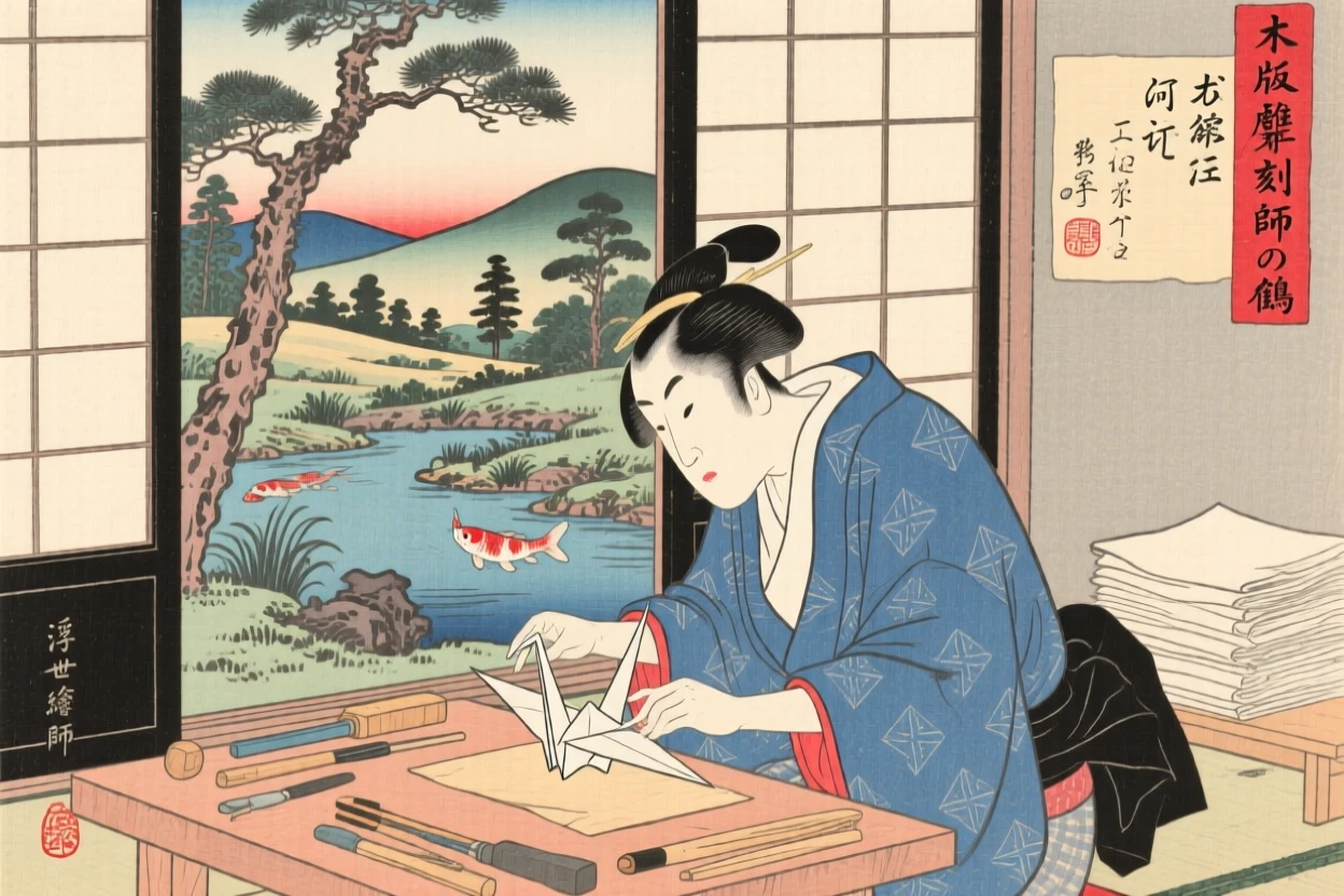 A woodblock carver folding a delicate paper crane.