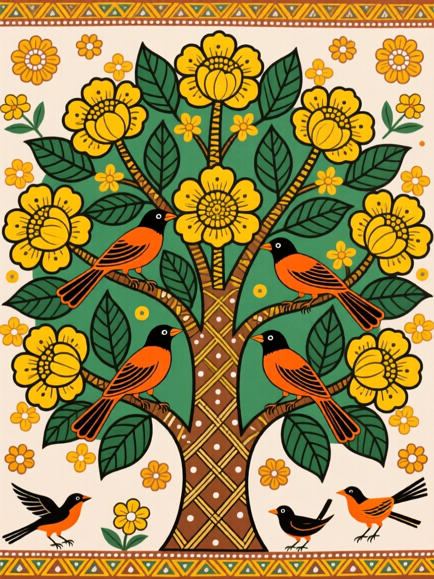 Bright orioles flitting through a tree covered in golden flowers.
